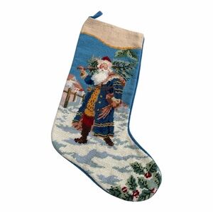 Vintage Needlepoint Wool Santa Christmas Stocking